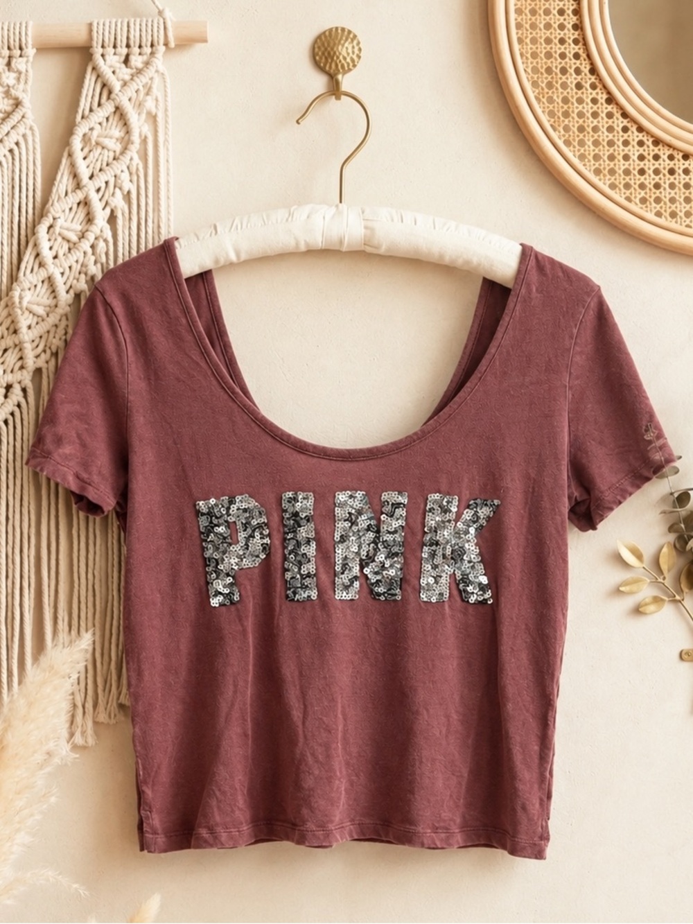 PINK Victoria's Secret Mauve/Rust Scoop Neck Sequin Logo Tee